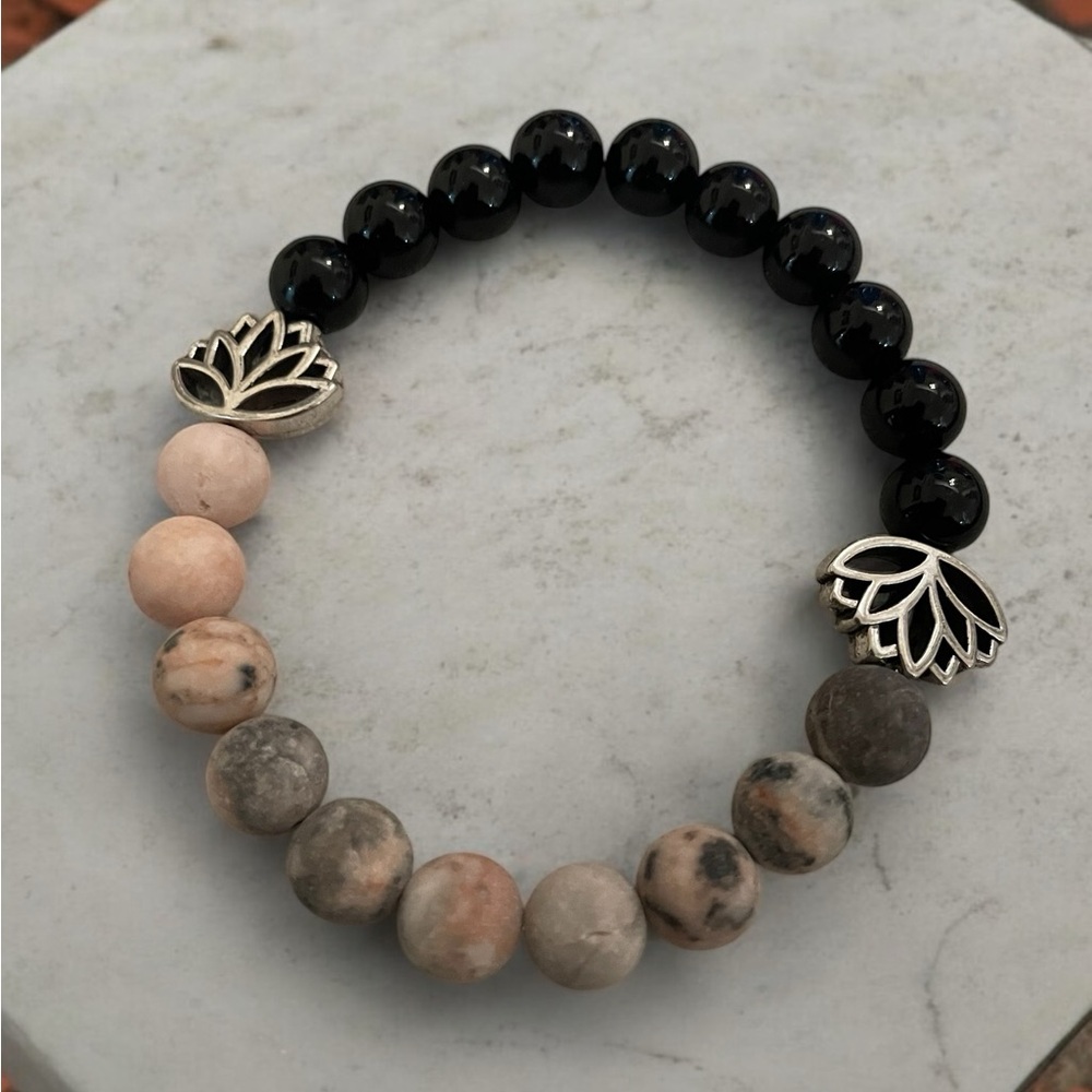 Black and Zebra Pink Beaded Bracelet with Silver Lotus Accents